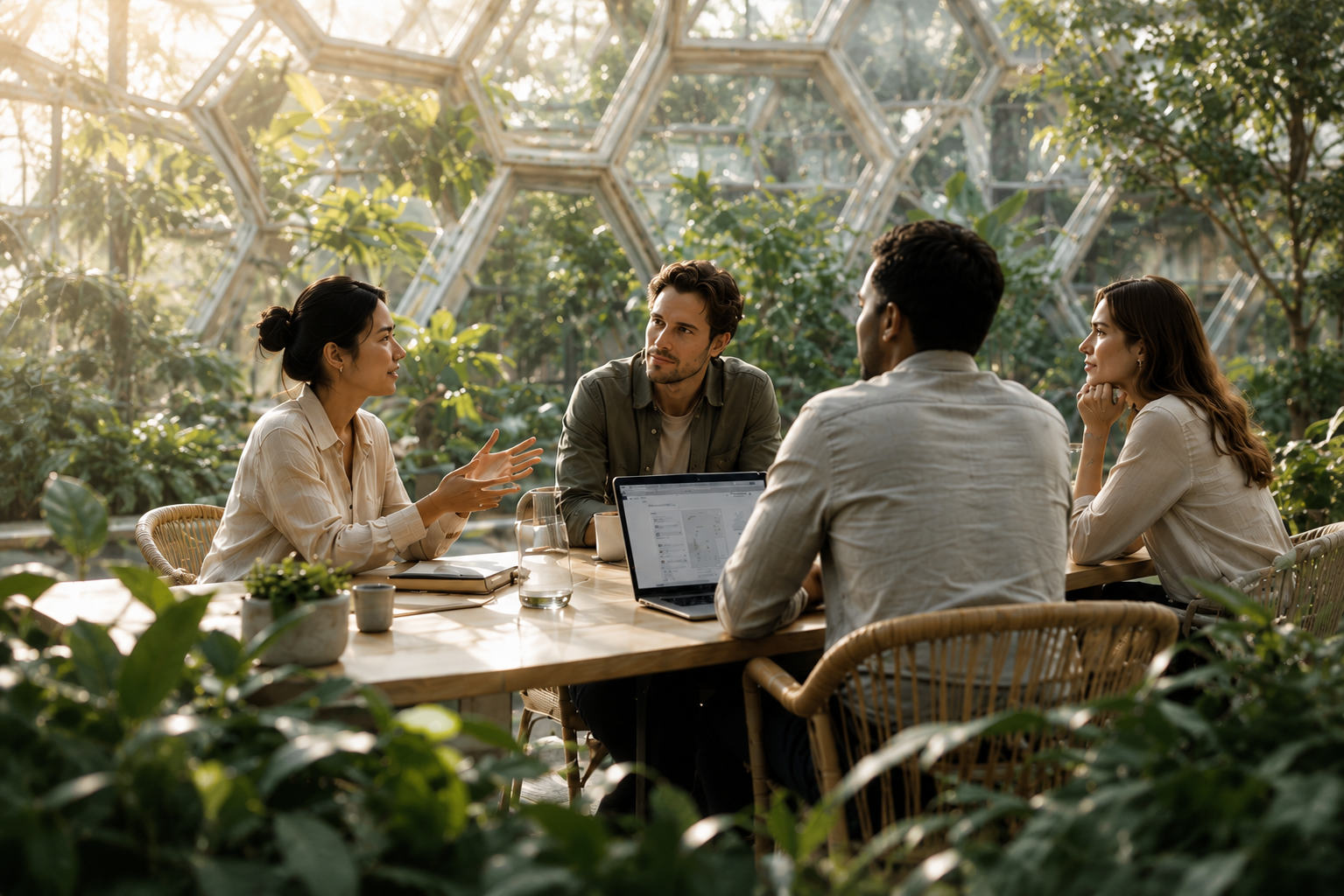 Team workshop in botanical greenhouse setting