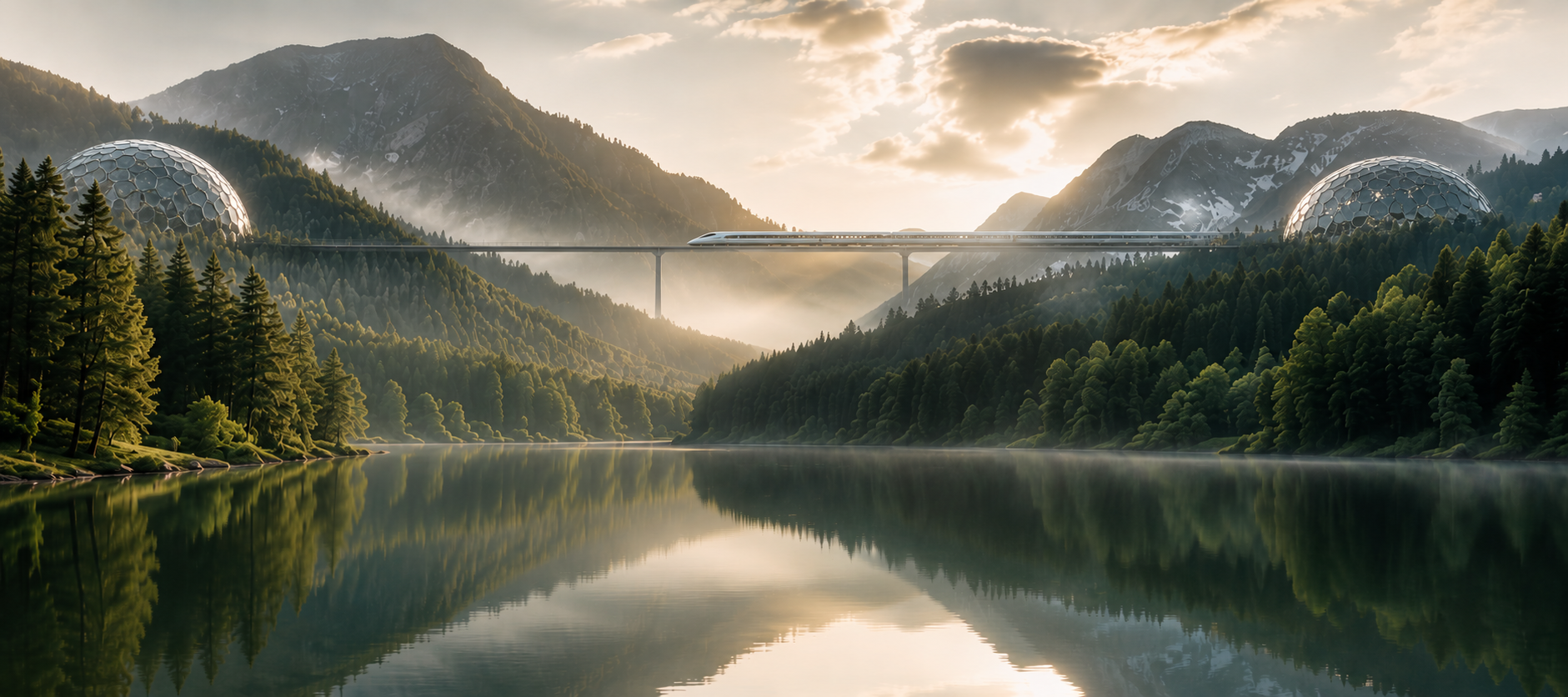 Alpine lake with geodesic structures and forest